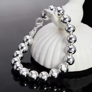 925 Sterling Silver Bracelet 10mm Pearl Ball Vintage Women's Fashion Boho Gift